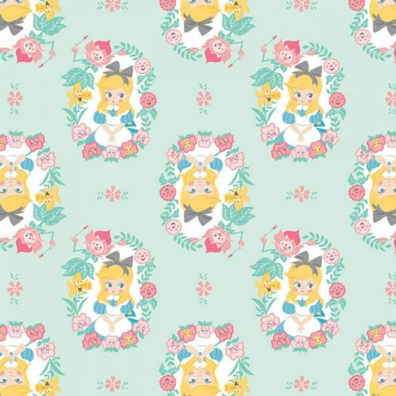 Disney Alice in Wonderland is She a Wildflower Light Turquoise 100% Cotton Sold by The Yard
