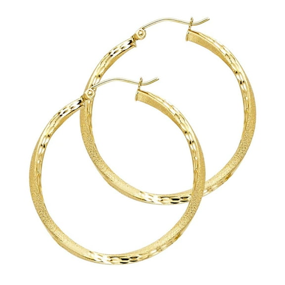 30 mm Dia 14K Gold Twist Hoop Earrings Diamond Cut 2.5 mm tube secured click-top