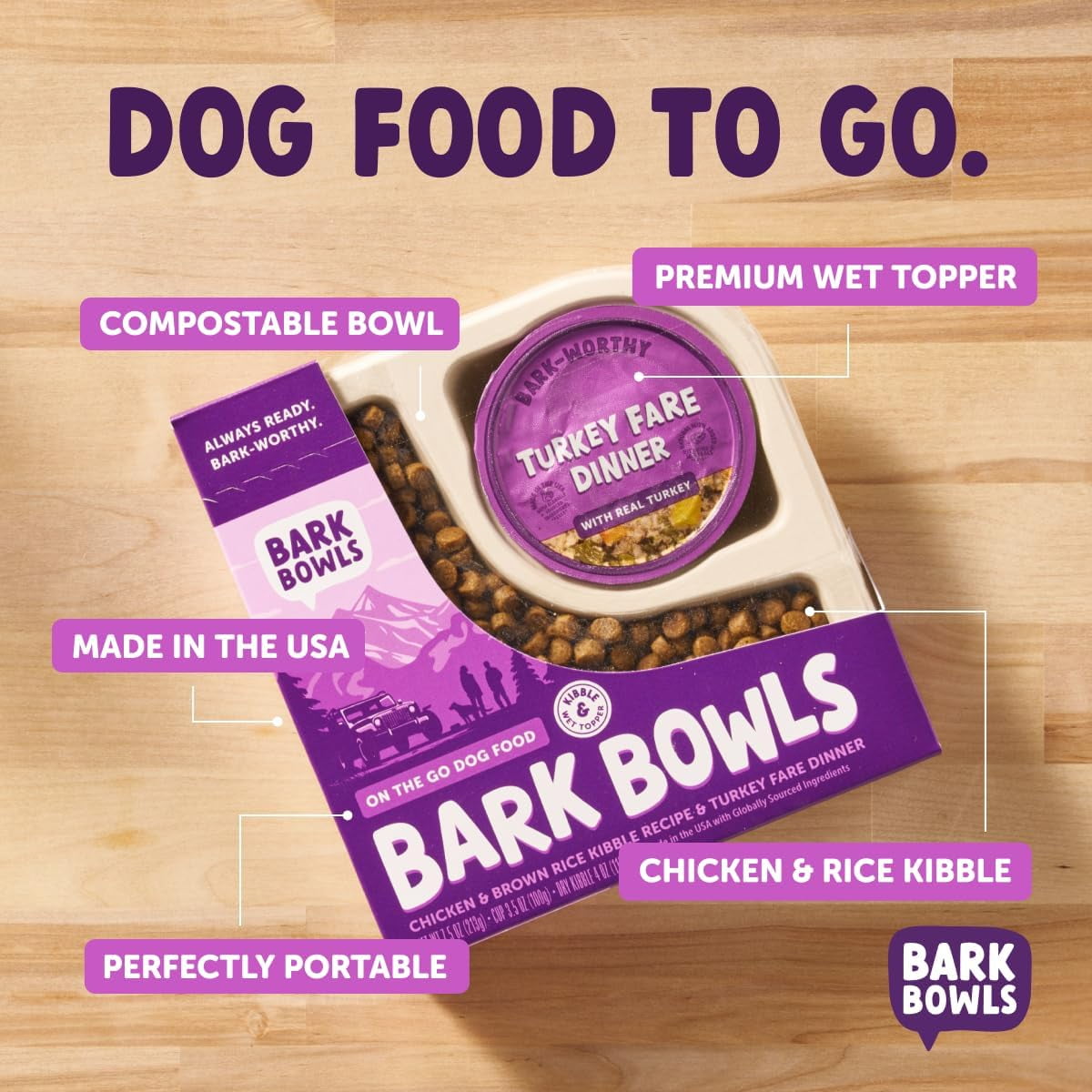 Bark Bowls On The Go Dog Food, Turkey Fare Dinner - 7.5 oz Trays (6 Count), Made in The USA with Real Turkey