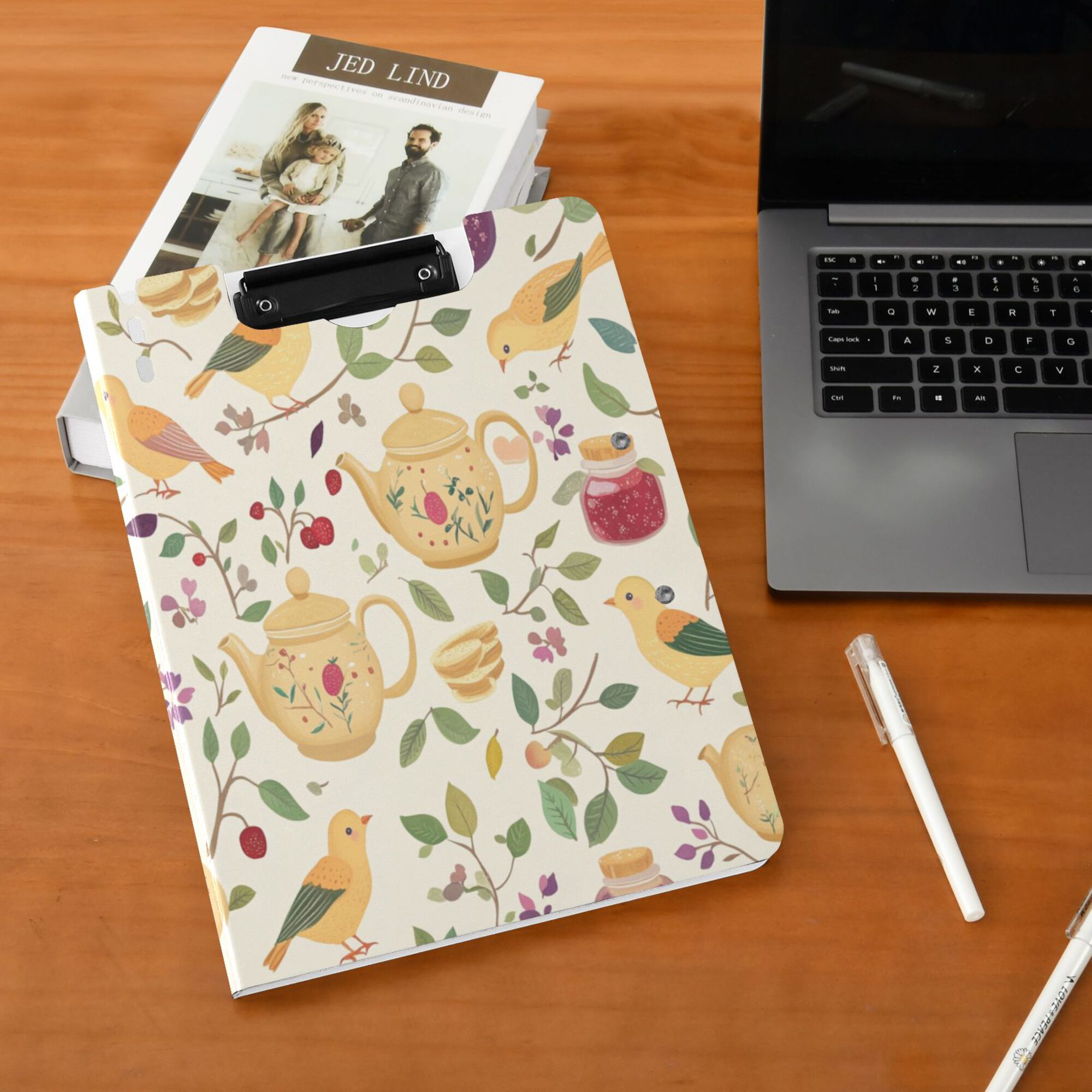FORMRS A4 Clipboard Folder with Pen Holder Horizontal Foldable School Office Binder, Birds Tea Time