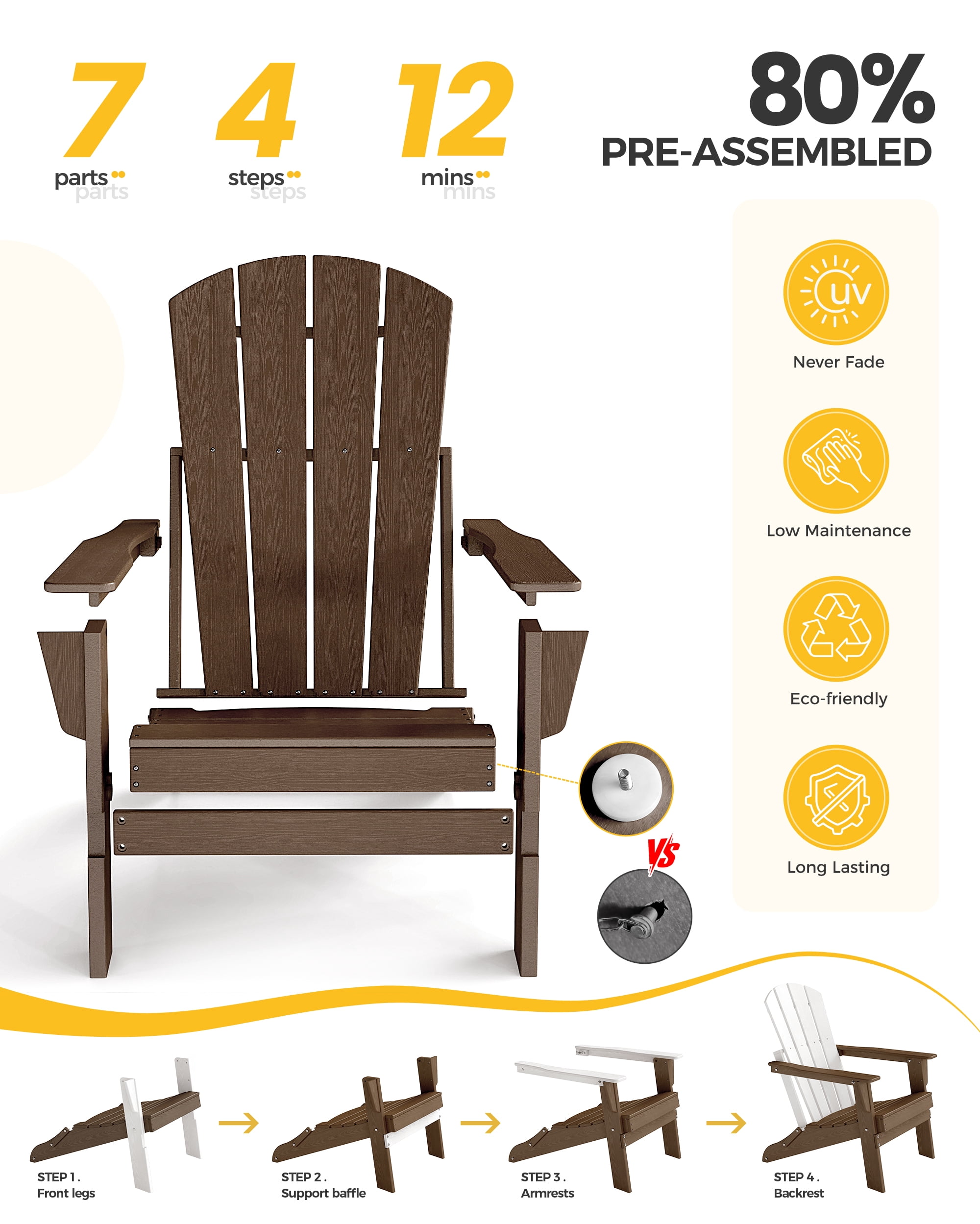 Cobiod Folding Adirondack Chair Set of 2, HDPE Patio Chair, All-Weather Space-Saving Foldable Fire Pit Seating for Camping, Backyard, Deck - Coffee