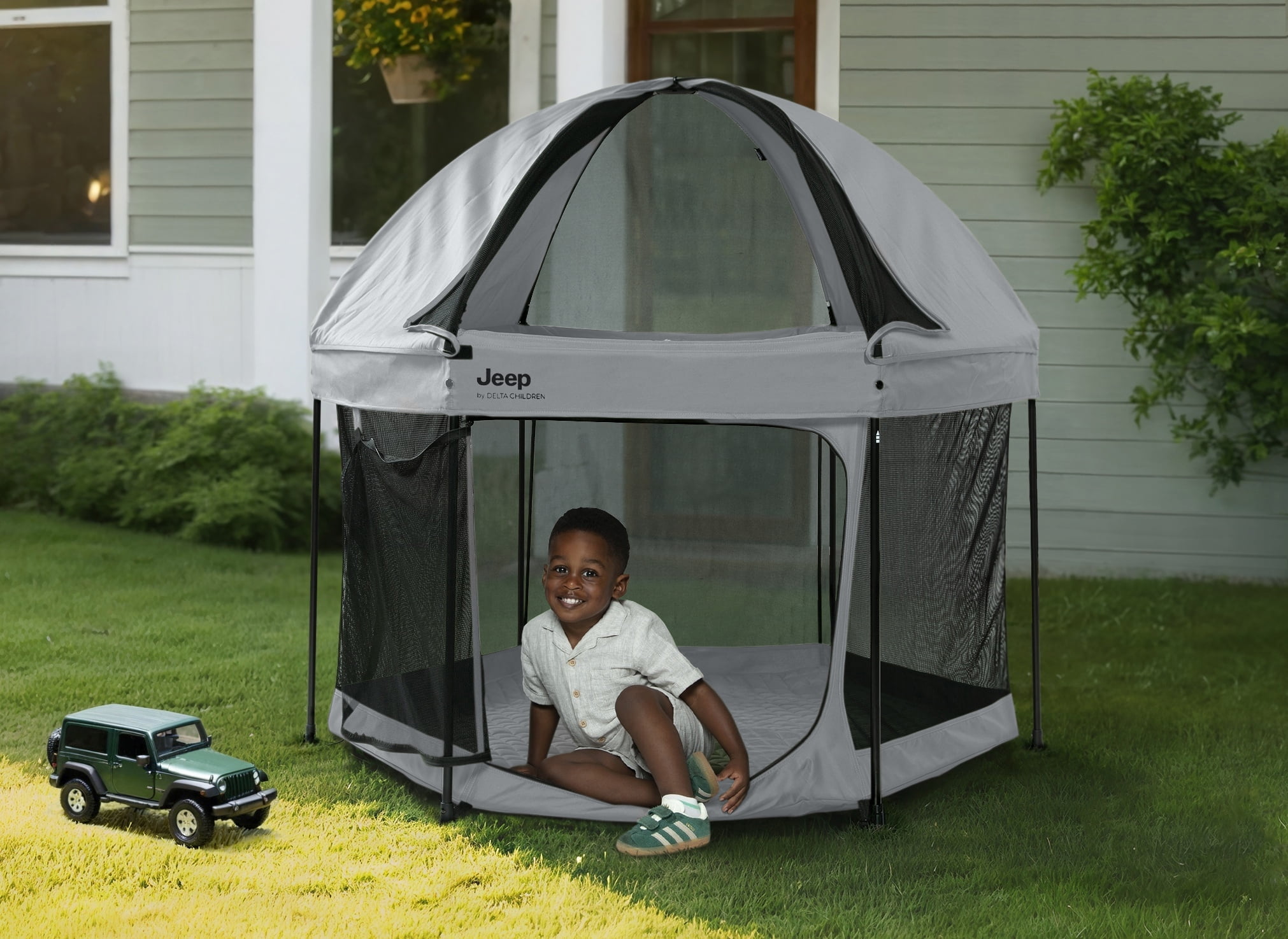 Jeep Hexagon Pop Up Play Yard with Removable Canopy - Ideal for Indoor and Outdoor Use, Grey