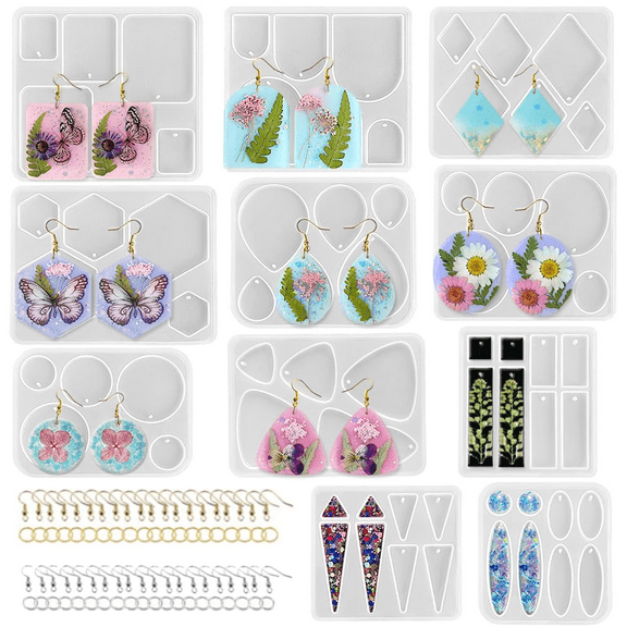 Earrings Molds with Varieties of Shapes and Sizes, 91Pcs Resin Jewelry Making Kit, Stud Dangle Drop Earrings Resin Molds with Hole