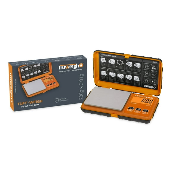 Truweigh TUFFWEIGH Digital Mini Scale (200g x 0.01g - Orange/Black) - Rubberized Impact Resistant Digital Scale - Travel Pocket Scale
