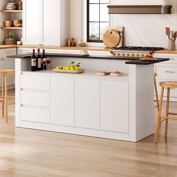 FOUHIU 86.6" Modern Kitchen Island with Built-in Trash Storage, Prep Station & Coffee Bar