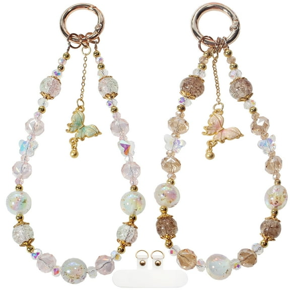Genreen 2pcs Beaded Charms Strap, Crystal Bracelet Wrist Lanyard, Cute Phone Key Chain, Case Accessories for Camera Wallet AirPods.