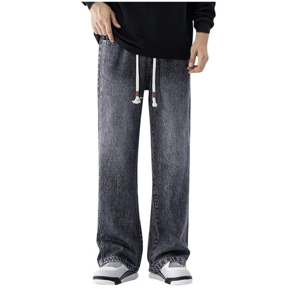 RYDCOT Men's Vintage Elastic Drawstring Waist Cotton Jeans Casual Loose Straight Leg Denim Pants with Pocket Gray