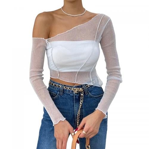 sdghg Women s One Shoulder Crop Tops Glitter Long Sleeve Lettuce