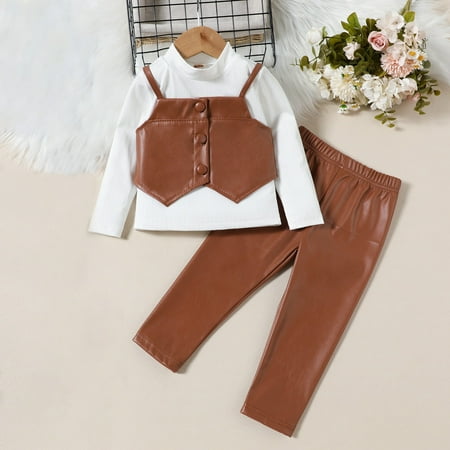 

Europe and The United States Children s Clothing Girls Long Sleeved Top +PU Vest +PU Leather Pants Three Set