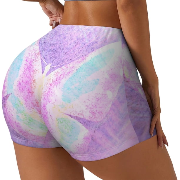 Fotbe Purple Sparkling Butterfly Shorts Sin Costuras – Shorts Deportivos de Cintura Alta para Mujer, Elásticos para Gimnasio, Yoga, Running o Ciclismo-X-Large