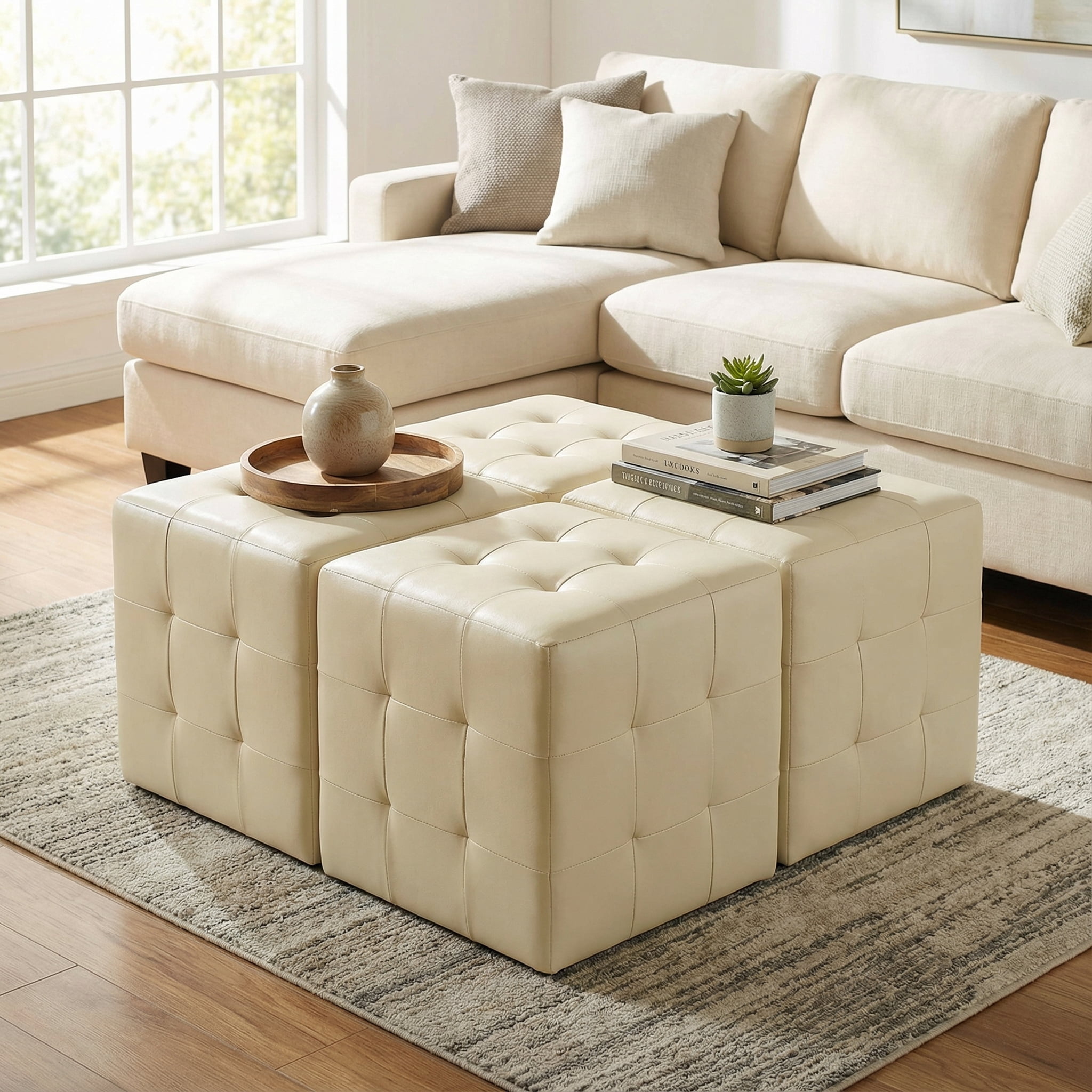 Cortesi Home Braque  Tufted Cube Ottoman in Ivory Faux Leather