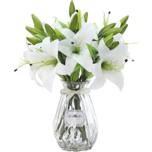 Viworld Artificial Tiger Lily 5Pcs Latex Fake Flowers Real Touch Bouquet For Wedding Party Home Office Garden Hotel Decor (White)