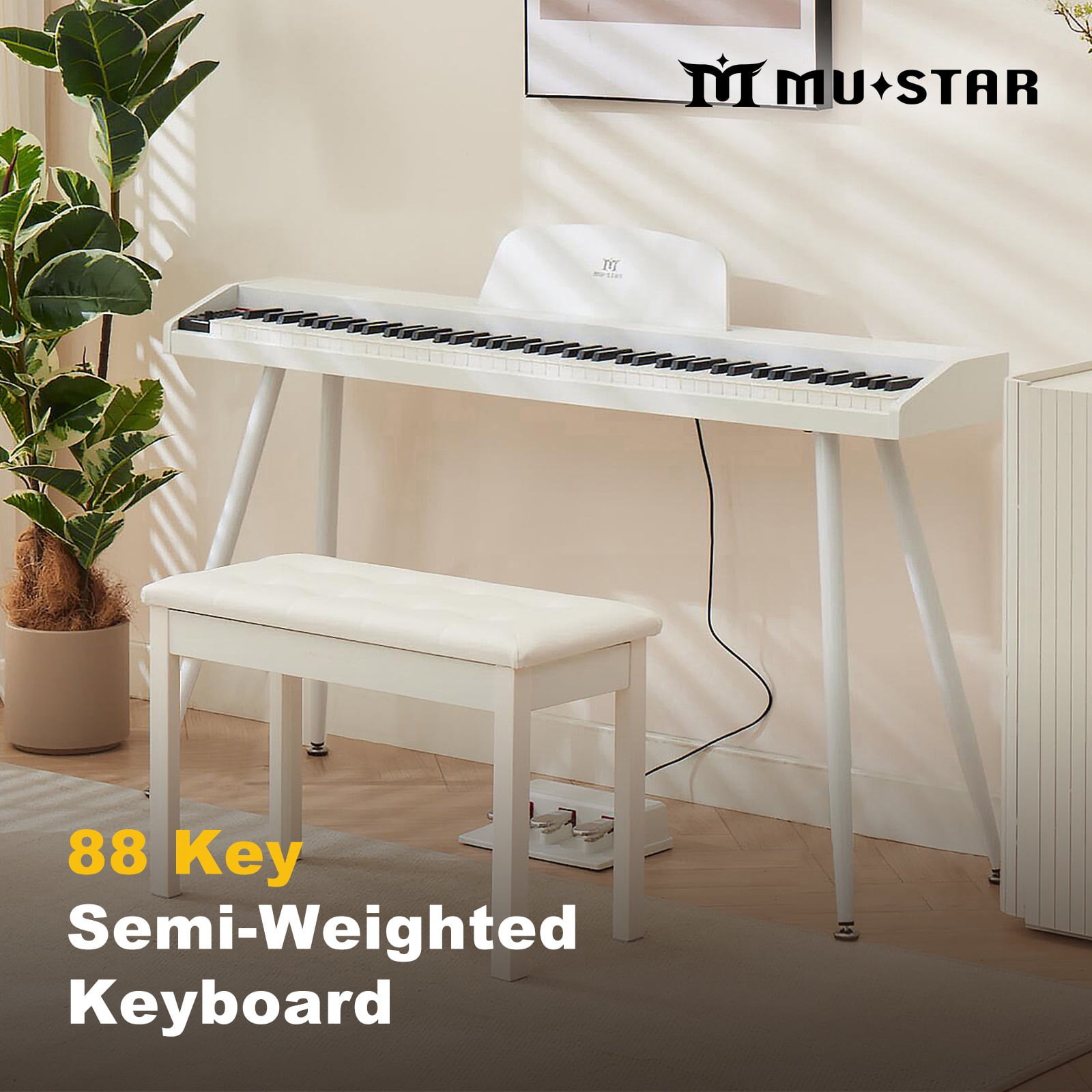 White 88Keys Semi Weighted Electric Digital Piano w/3-Pedal,USB/MIDI,Storage Bench