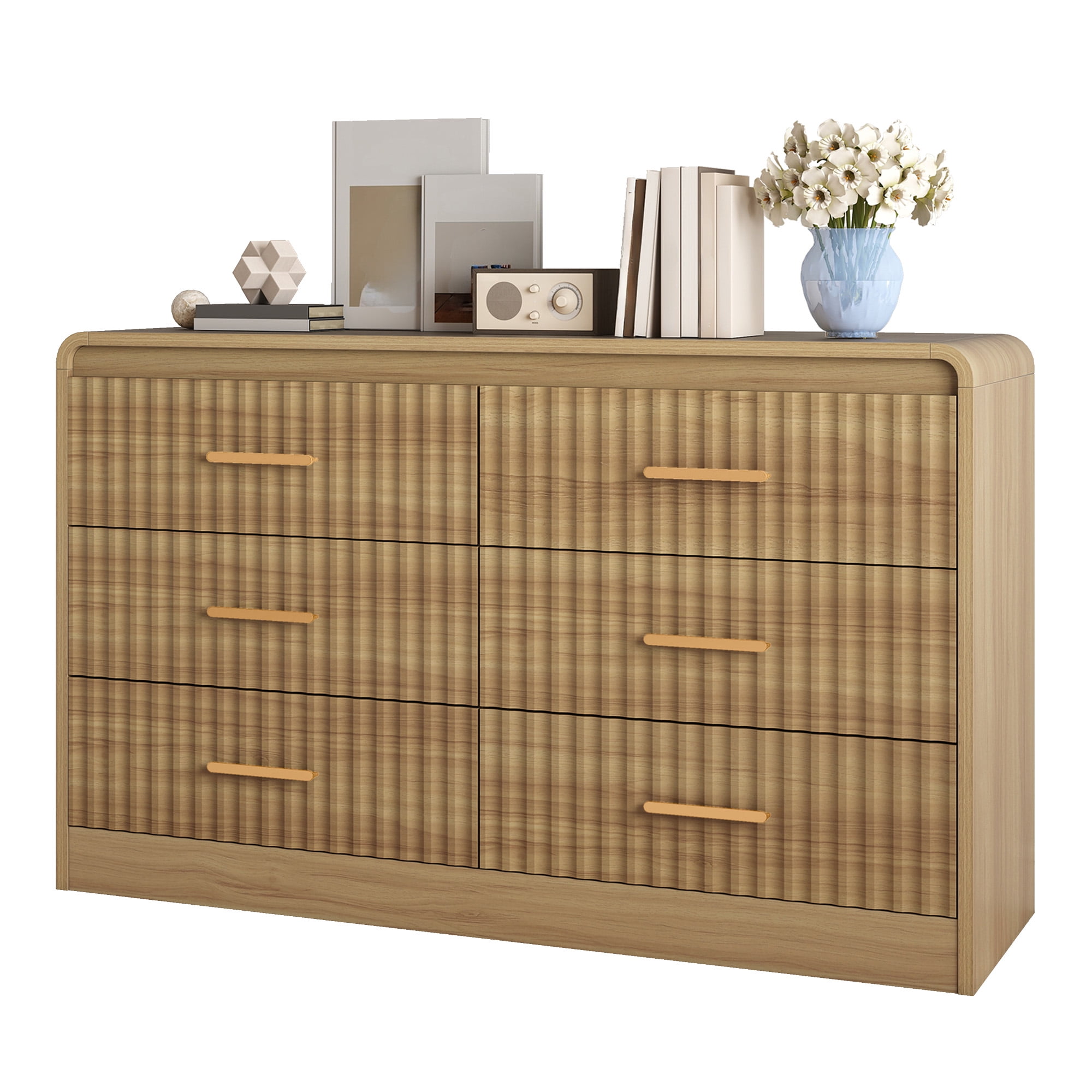 Uforic Chest of Drawers for Living Room, , or Entryway, Sturdy Fluted Dresser with 6 Drawers, Light Oak