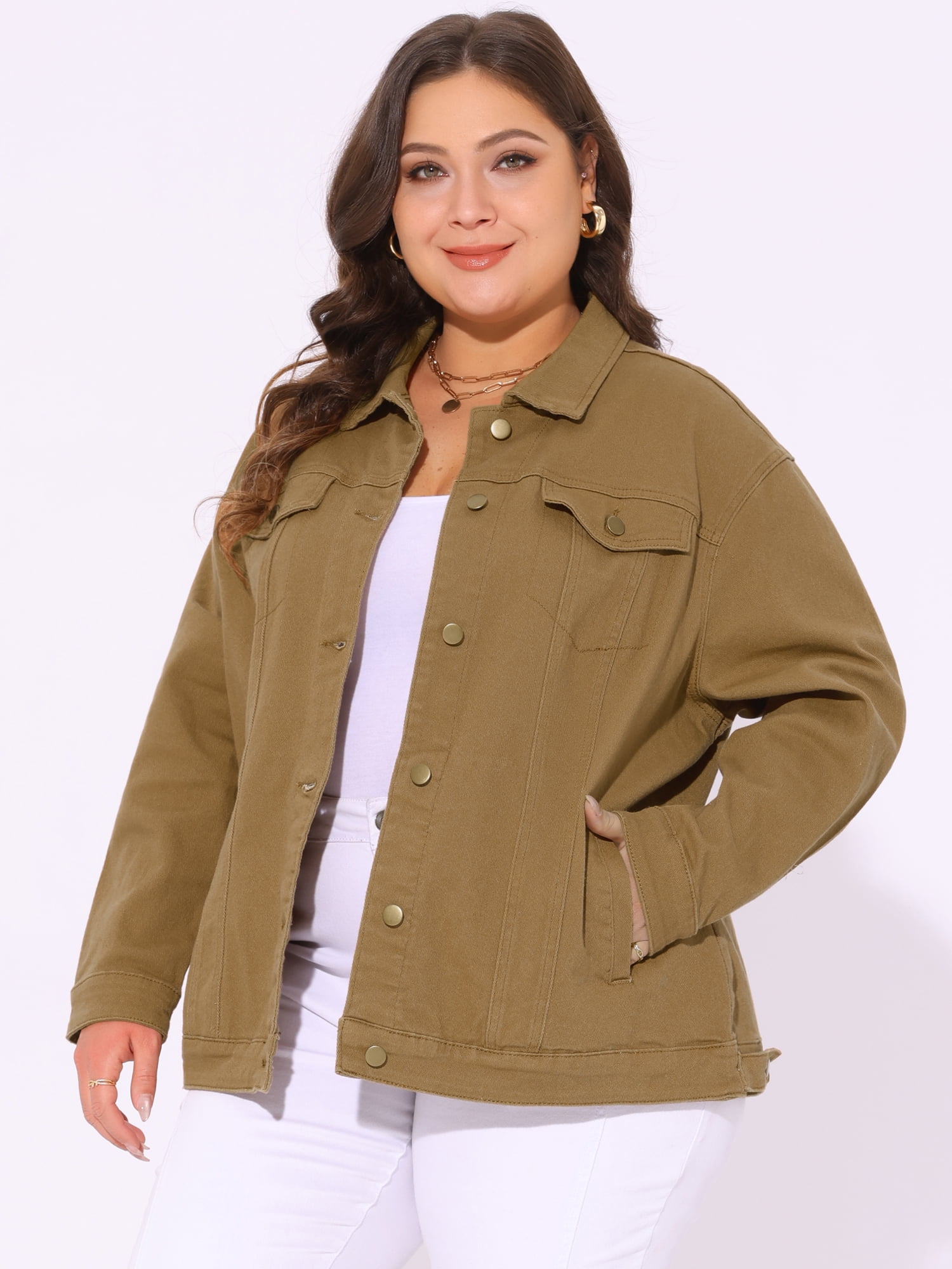 DARING DIVA Women's Plus Size Long Sleeve Button Front Washed Denim Jacket 4X Light Brown