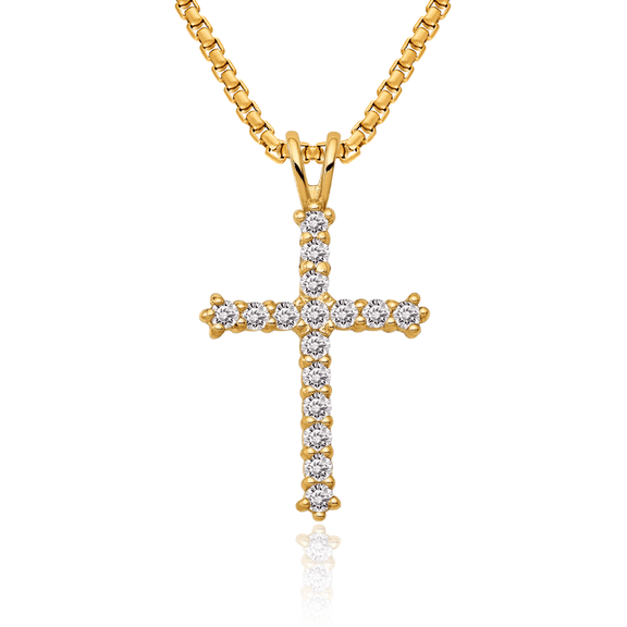 14K Solid Yellow Gold Cubic Zirconia CZ Holy Cross Floating Chain Slide Pendant Necklace Religious Jesus Christ Charm