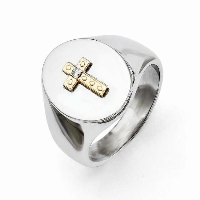 Stainless Steel with 10K Gold Cross and .02ct Diamond Polished Ring 9 Size