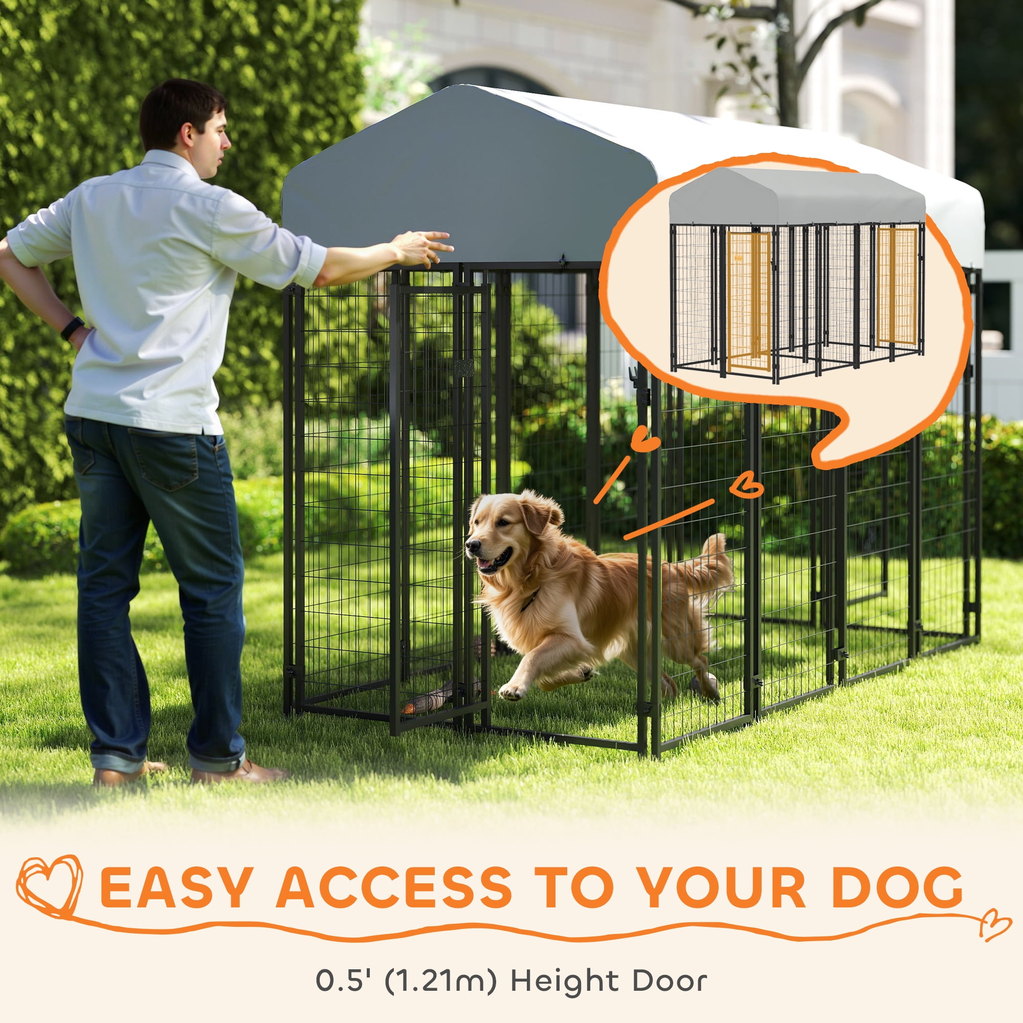 PawHut Outdoor Dog Kennel with Two-Room Design, Large Dog Run with Water-Resistant & Sun-Proof Cover, for Small, Medium, Large Dogs, 8' x 4' x 6'