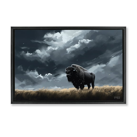 Stupell Industries Bison Silhouette with Clouds Landscape Painting Black Floater Framed Canvas Art Print Wall Art, 25 x 17