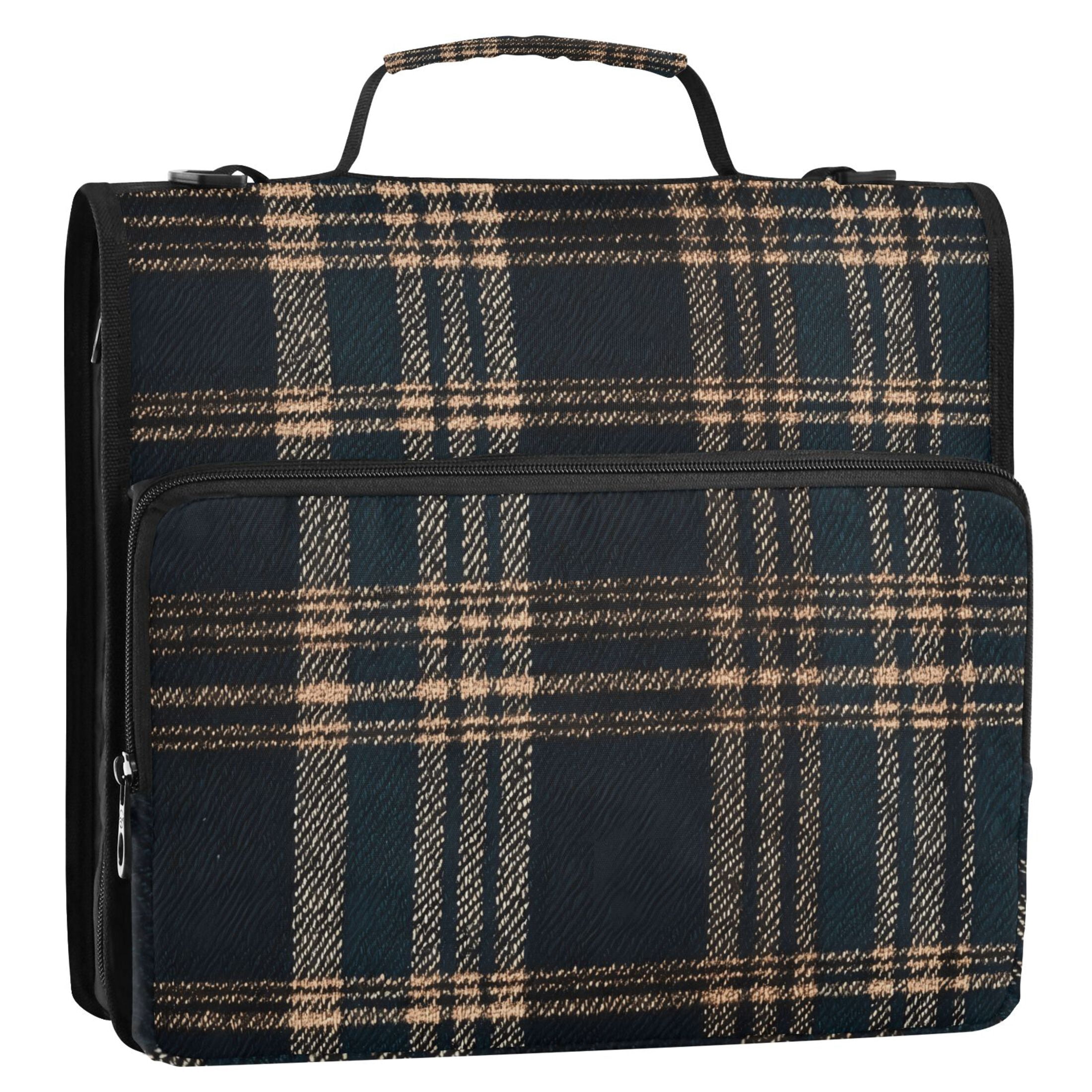 3 Ring Zipper Binder with Shoulder Strap Waterproof Trapper Keeper 2 Inch D-Ring 500 Sheets Capacity Dark Green Brown Tartan