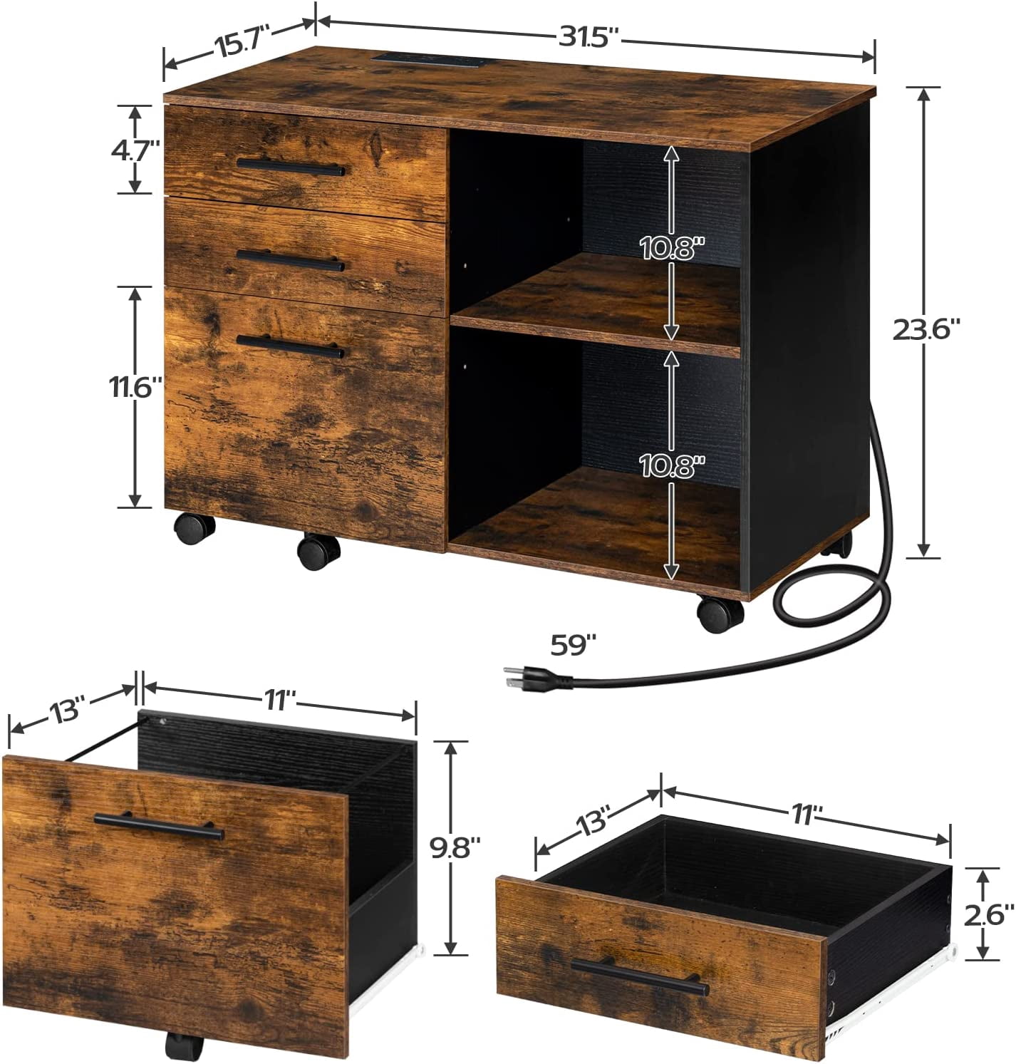 HOOBRO Lateral File Cabinet with Charging Station, 3 Drawers, Printer Stand & Hanging Files, Black