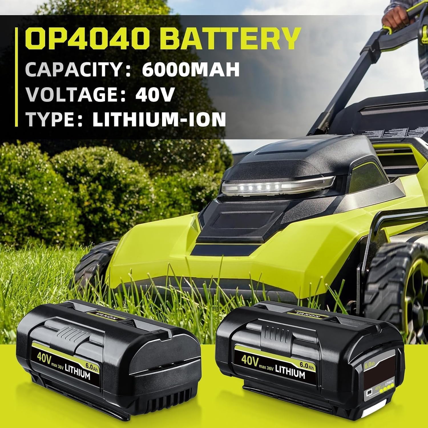 2Pcs OP4040 40V 6.0Ah Lithium-Ion Battery and OP401 Rapid Battery Charger Combo Kit Replace for Ryobi 40 Vlot Power Tools Battery OP4026 OP40602 OP4050A OP4040 OP4030 and Fast Charger