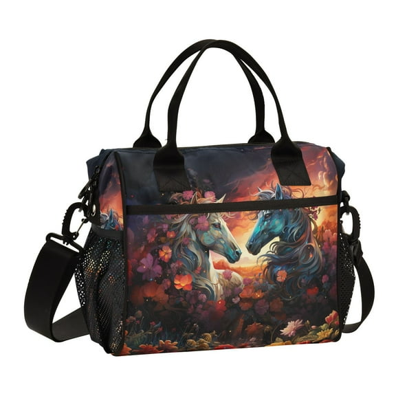 Horses Flowers Clouds Dark Cooler Bag Lunch Bag Soft Cooler Cooling Tote Insulated Lunch Box for Adult Men Women