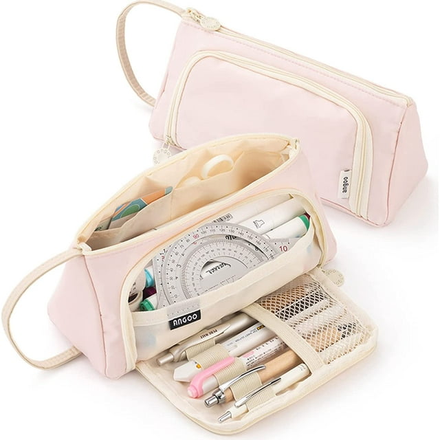 Estuche duradero de gran capacidad, estuche con compartimentos multifuncionales, estuche para bolígrafos para estudiantes, papelería y niñas (rosa) JM