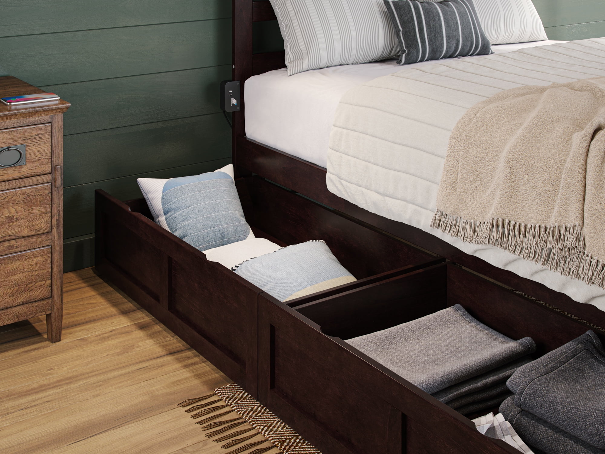 AFI Warren 14" Queen Wood Platform Bed Frame with Set of 2 Storage Drawers, Espresso