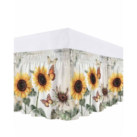 Sunflower Ruffle Bed Skirt Queen Size Farmhouse Rustic Retro Summer Floral Butterfly Adjustable Elastic Dust Bed Skirts Wrap Around Bedskirt Wrinkle Free Easy Fit with 18 Inch Drop
