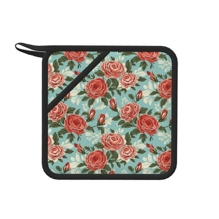 

1 PCS Pot Holders for Kitchen - Heat Resistant Silicone Pot Holders with Hanging Loop Green White Leaves Rose Flowers Non Slip Oven Hot Pads Potholders for Decor Baking Cooking Kitchen