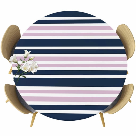 Navy Blue Pink Striped Round Tablecloth, Fitted Table Cover with Elastic for 55"-60" Round Tables, Gradient Horizontal Lines Table Cloth Outdoor Indoor Dinning Party Waterproof Tablecloths
