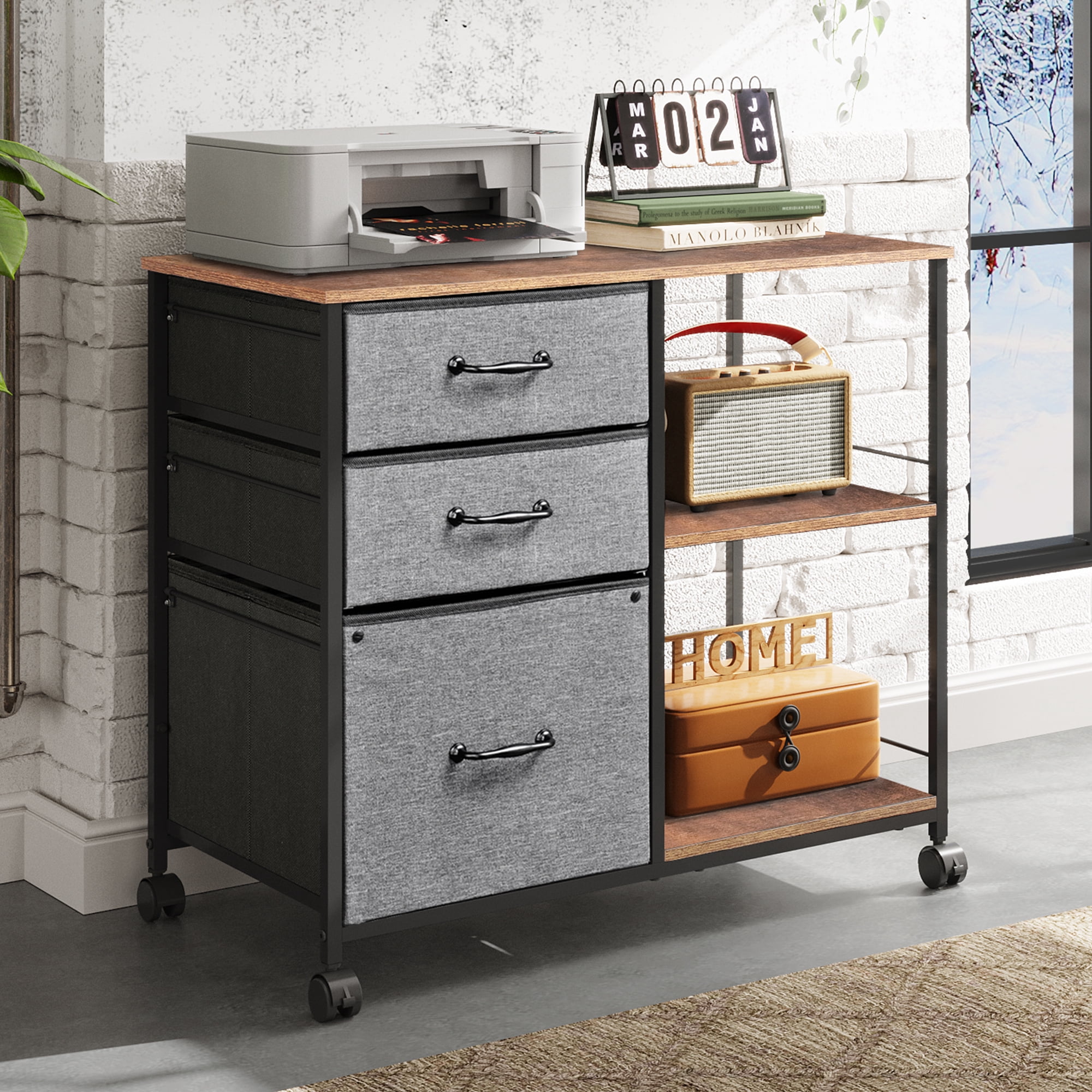GALAXHERO 3 Drawer File Cabinet, Rolling Printer Stand with Storage, Lateral Fabric Filing Cabinet for Home Office, Fits Letter/A4, Rustic Brown