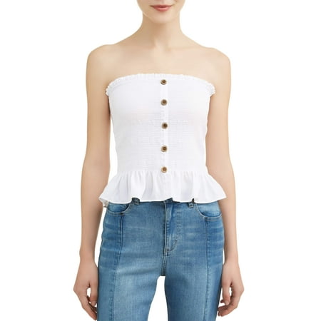 Trim Tube Top - Juniors' Smocked Button Front Ruffle Trim Tube Top