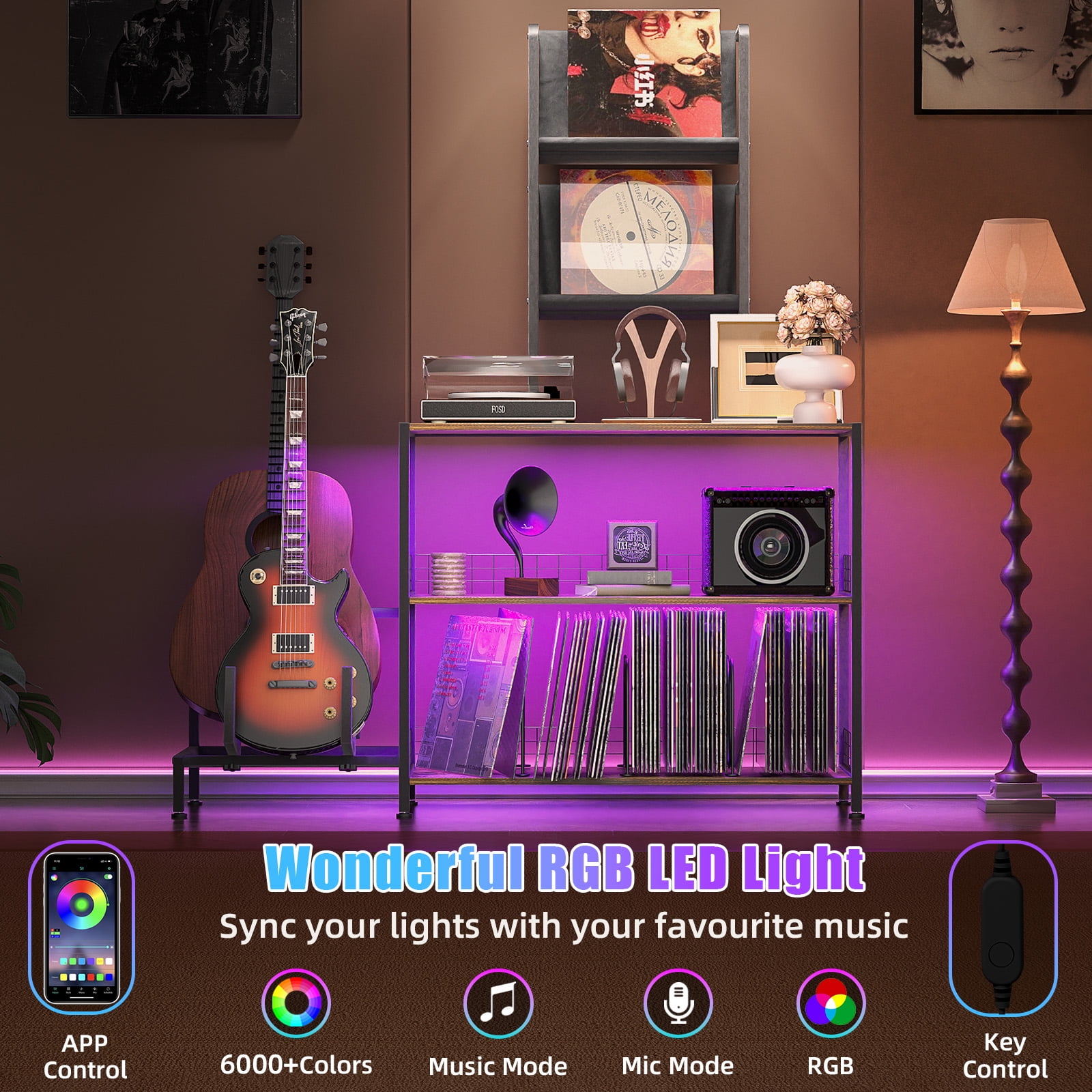 Vinyl Record Player Stand with Guitar Stand, Record Player Table with RGB LED Light, Record Player Cabinet with Vinyl Storage Holds up to 300+ Albums, Vinyl Player Stand for Home Use (Brown)