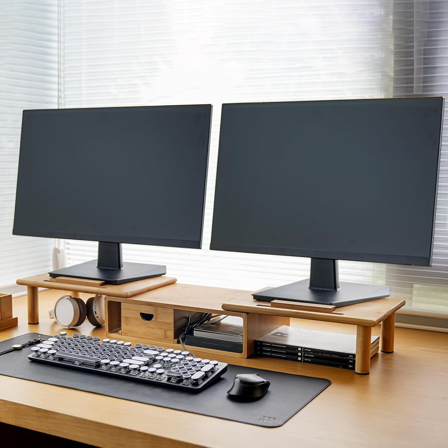 Dual Monitor Stand Riser with Drawer for Desk Laptop Shelf Adjustable Length Angle  Computer Stand for 2 or 3 Monitors Screen PC TV Natural