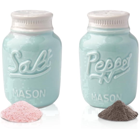 Comfify Aqua Blue Ceramic Mason Jar Salt & Pepper Shaker Set, Farmhouse Kitchen Seasoning Shakers, 3.5 oz, Set of 2