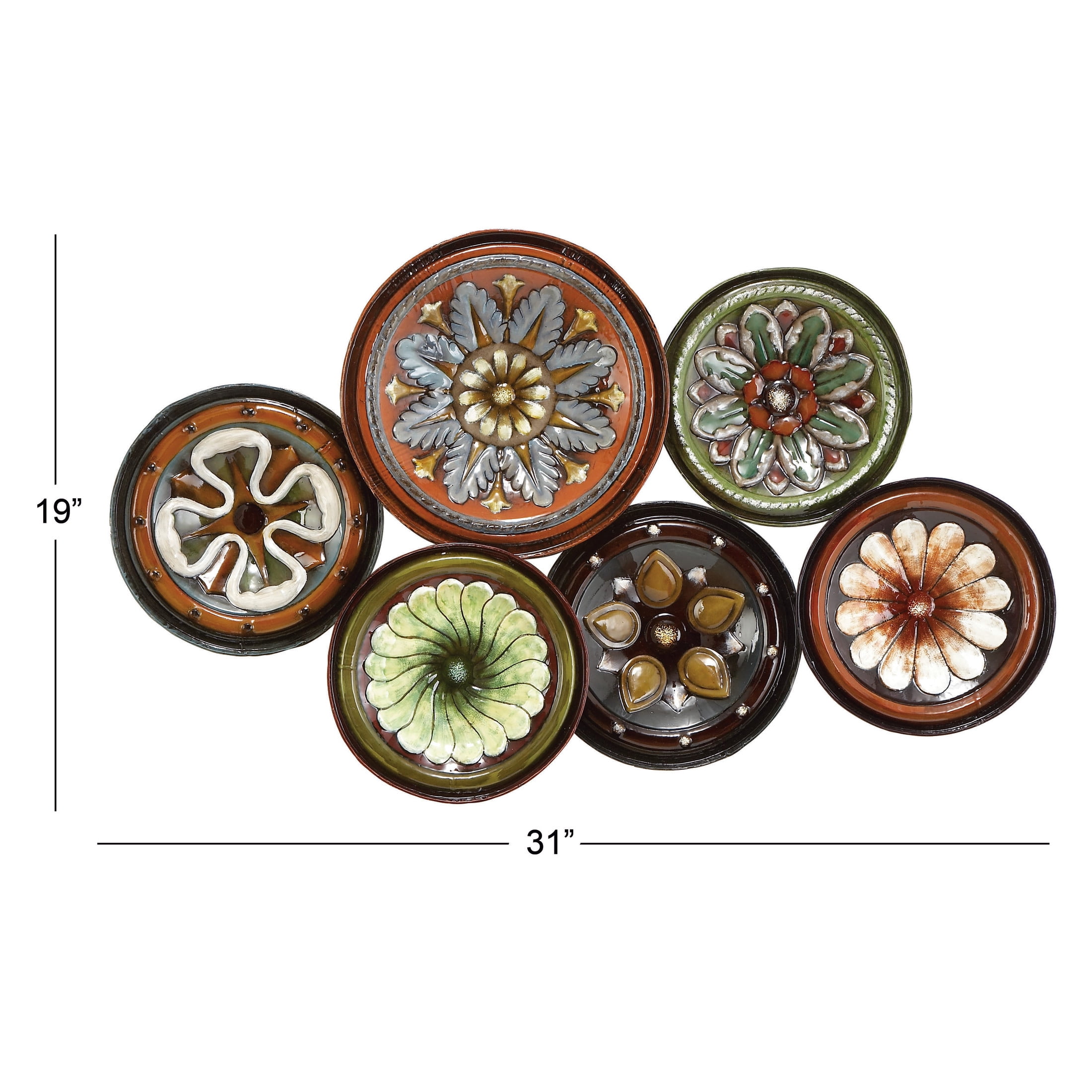 DecMode Rustic Metal Multi Colored Round Plates with Flower Petal Design Wall Decor, 31"W x 19"H