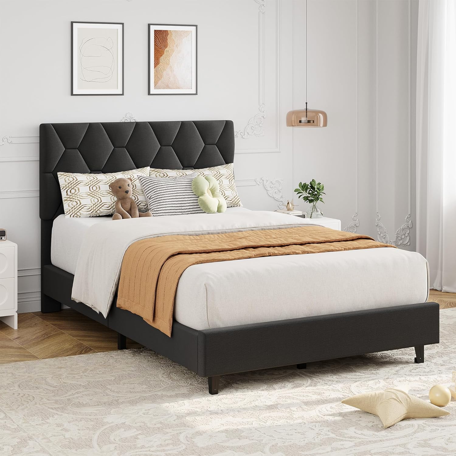 IDEALHOUSE Grey Twin Bed Frame with Upholstered Headboard, Heavy-Duty Platform Bed Frame with Strong Wood Slats, No Box Spring Needed/Noise Free/Easy Assembly
