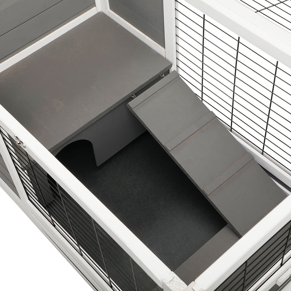 Kadyn All Weather Indoor Outdoor Pet Kennel, Wooden Pet House, 2 Tier Pet Shelter, Gray and White