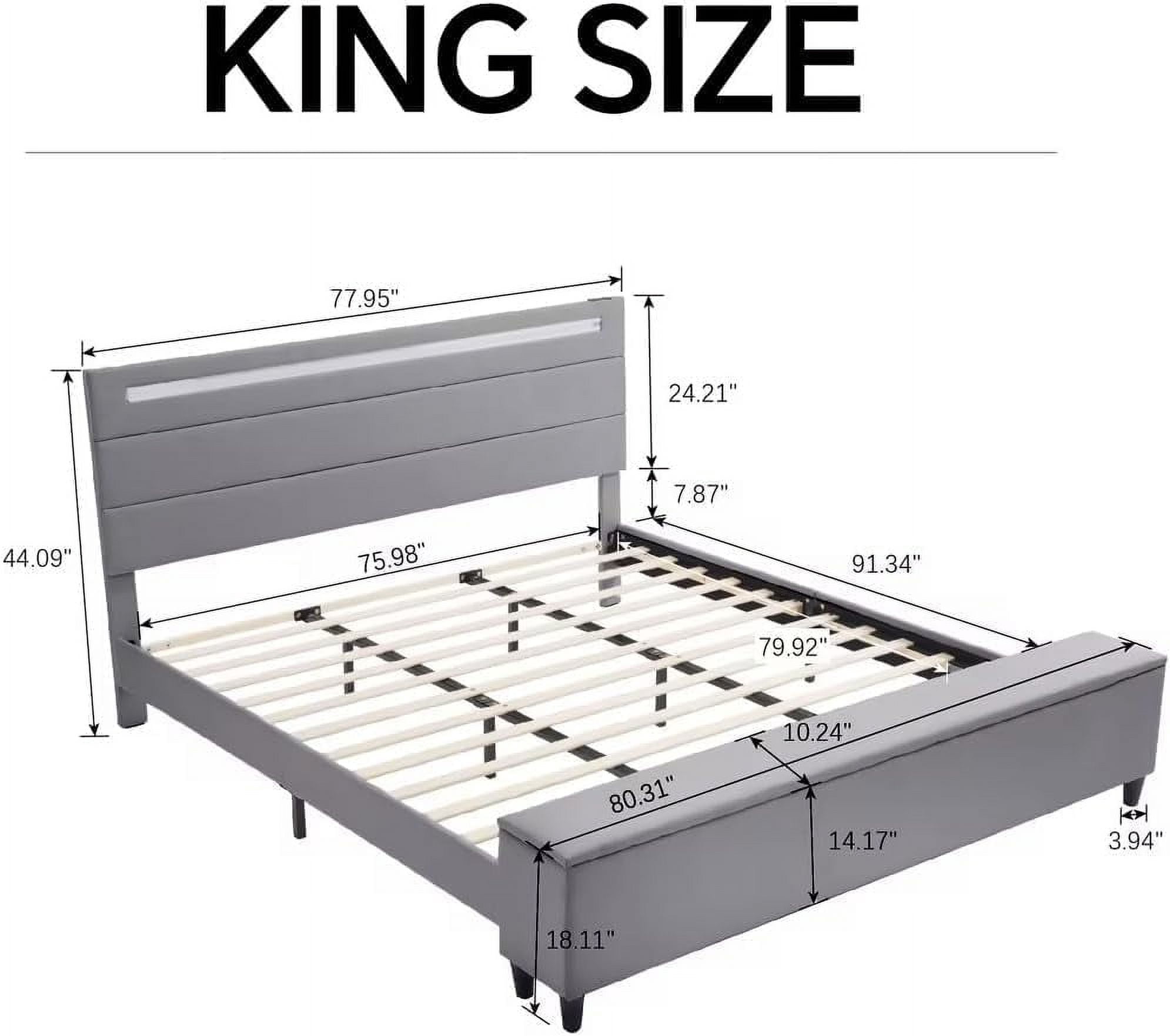 Kallabe King Bed Frame with Storage Ottoman and LED Light Headboard, Upholstered Platform Bed with 2 USB Ports, Grey