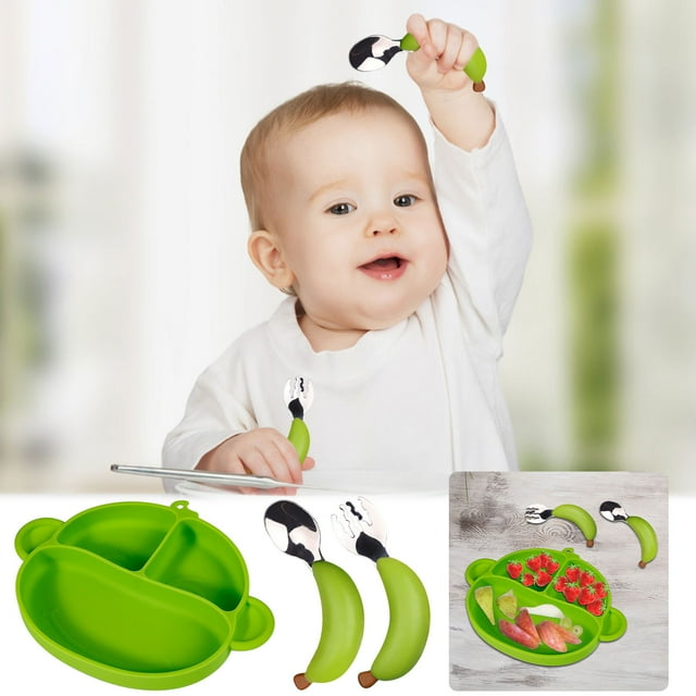 EGNMCR New Monkey Children's Dinner, Antiskid Suction Cup, Integrated Baby Separated Food Grade Dinner, Tableware, Three Piece Set Dinner plate