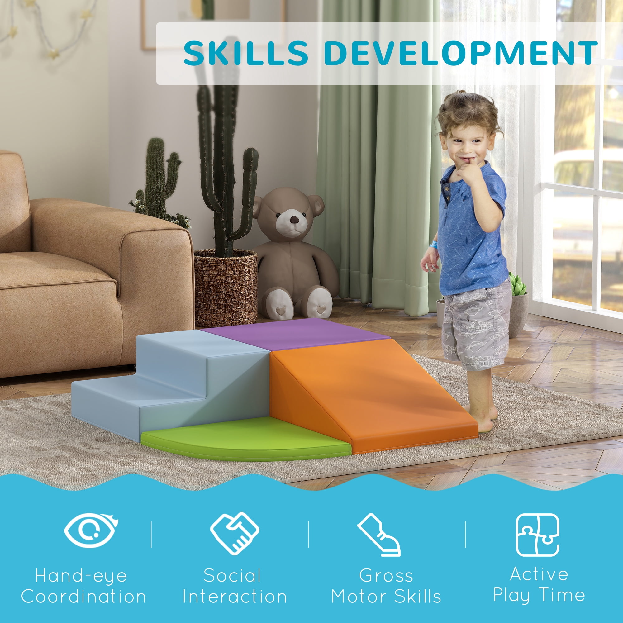Qaba Foam Play Set for Toddlers and Children 12-36 Months, Easy-to-clean 4 Piece Soft & Safe Kids Climbing Set for Crawling or Sliding, Assorted
