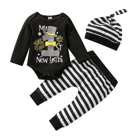 

Tracksuit Baby Girls Boys 2 Piece Fall Boys Girls Long Sleeve New Year Letter Printed Romper Bodysuit Striped Pants Hat Outfits