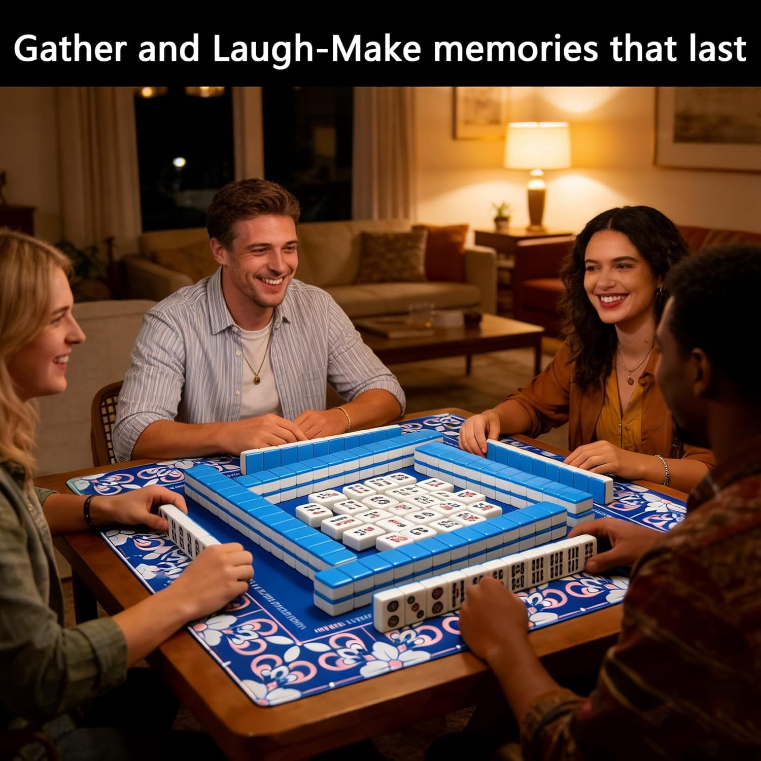 Mahjong Mat for Table, 31.5''''x31.5'''' Non-Slip & Noise Reduction Mahjong Mat with Rules,Mah Jongg Gift with Carrying Bag for Poker,Board Games,Dominoes,Cards & Tile Games (Blue)