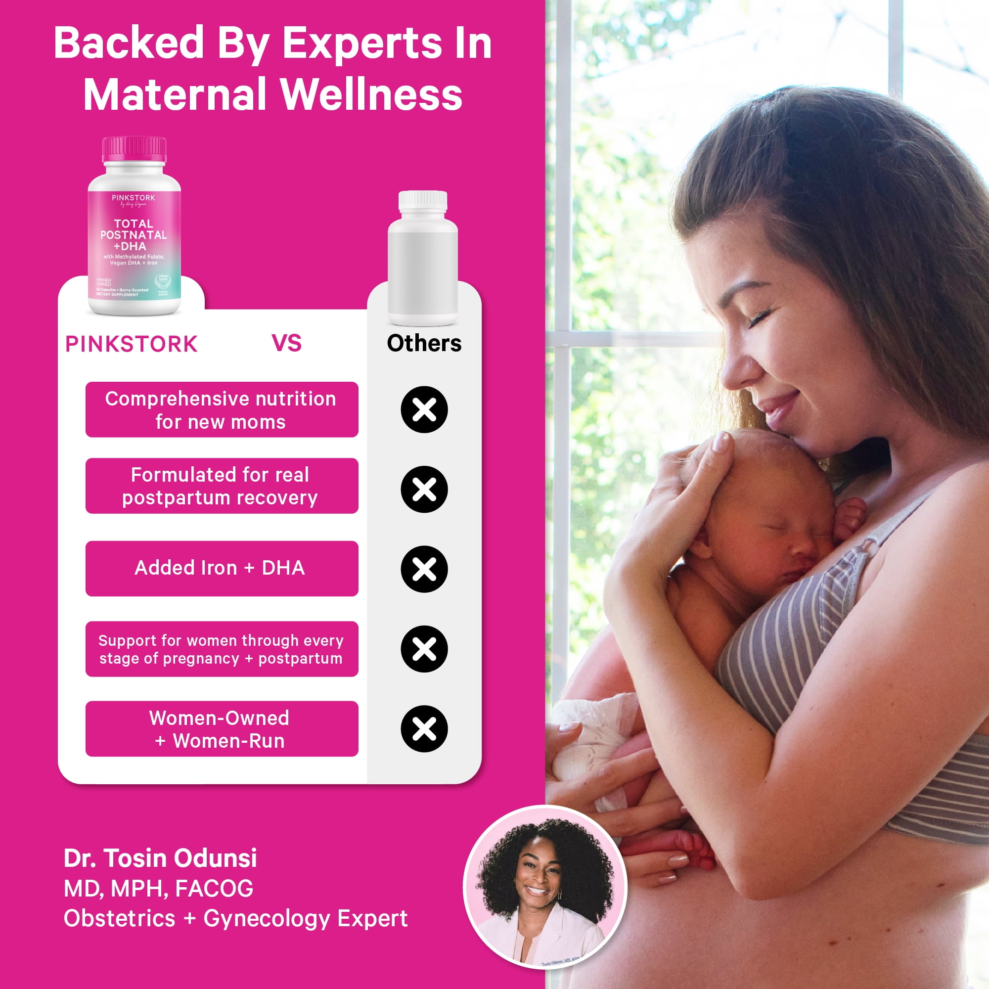 Pink Stork Postnatal Multivitamin for Breastfeeding Moms, 60ct - Vegan Algae DHA, Iron, Folate, and Vitamin B12, No Fishy Burps, Berry Scented