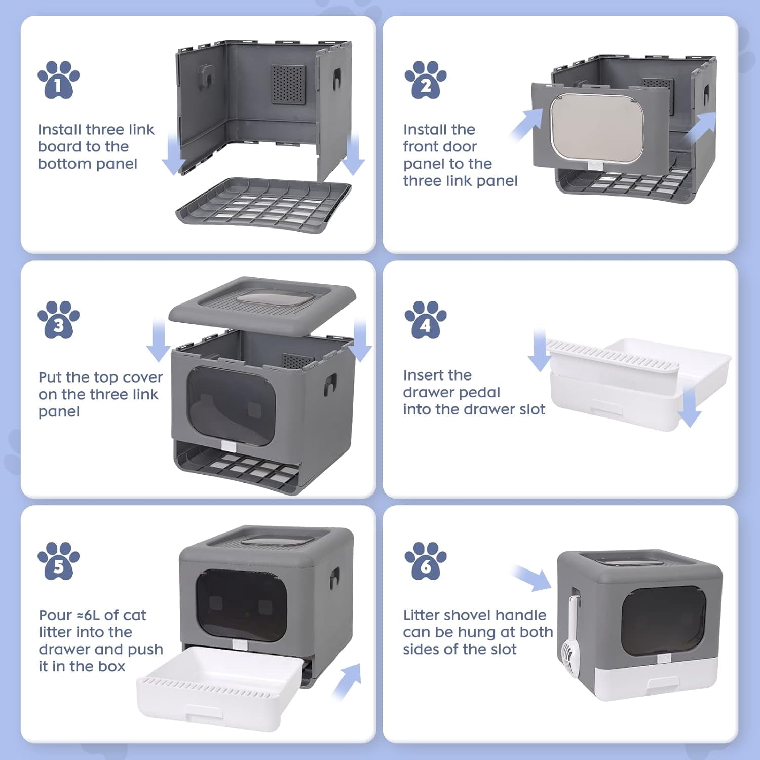 Foldable Enclosed Cat Litter Box with Front Door & Top Entry, Pull-Out Drawer Type, Cat Toilet with Lid, Easy Cleaning and Anti-Splashing Litter Tray with Plastic Scoop (Grey)