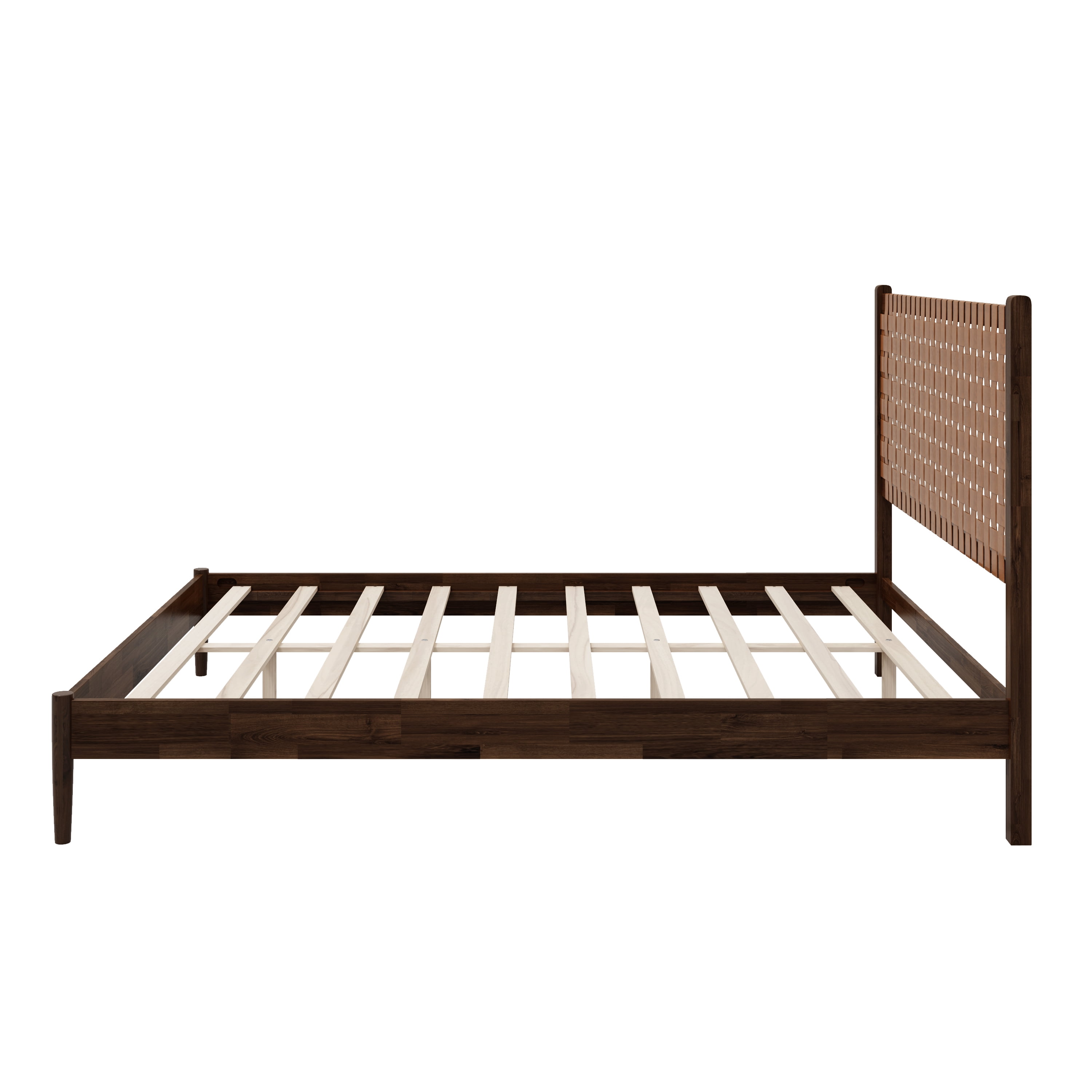 Euroco Solid Acacia Wood Queen Size Platform Bed, Mid-Century Modern Style Bed with Hand-Woven Vegan Leather Headboard, No Box Spring Needed, Dark Brown