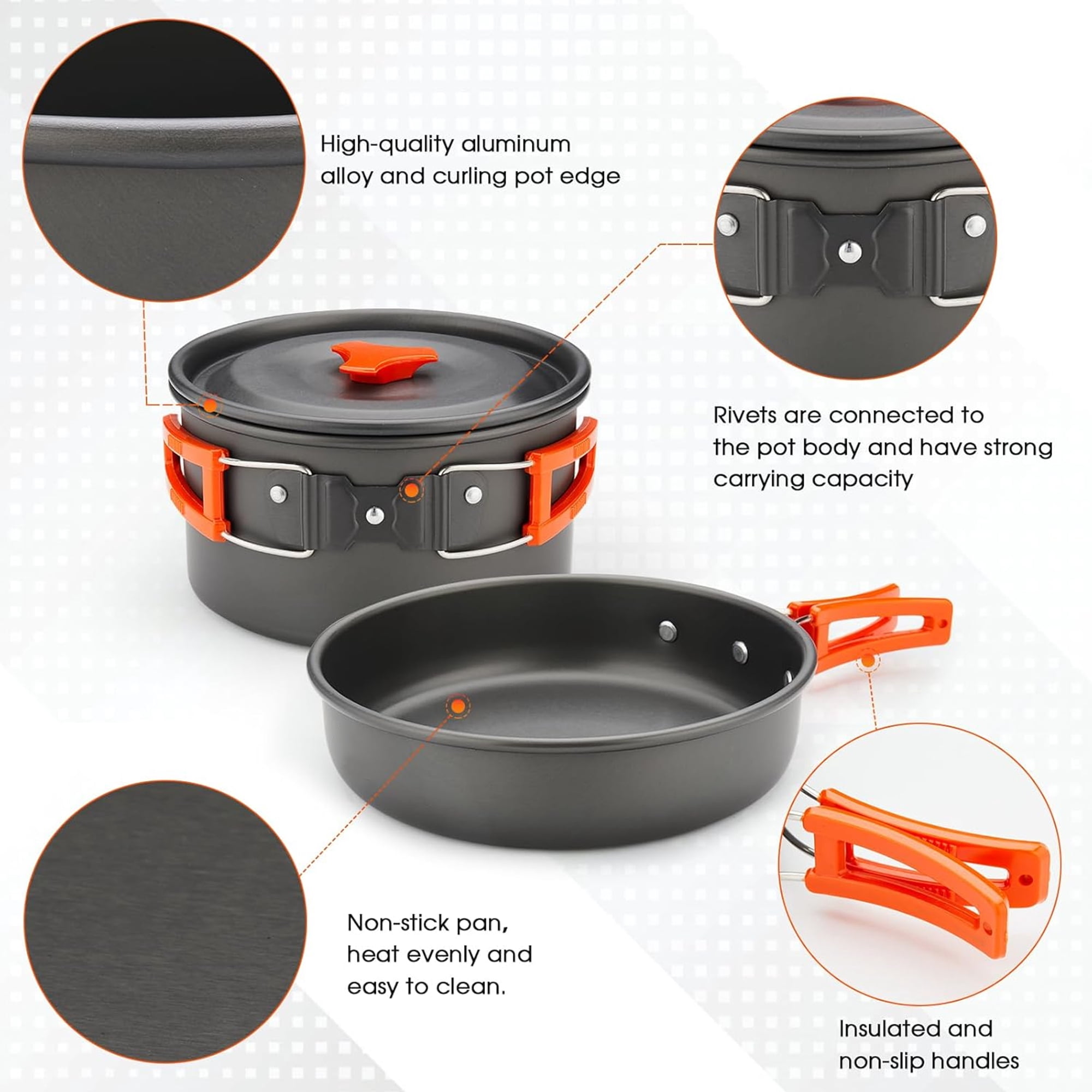17pcs Camping Cookware Kit, 0.45Gal Pot, 7" Pan, 0.30Gal Kettle Set with 2 Set Stainless Steel Cups Plates Forks Knives Spoons for Hiking