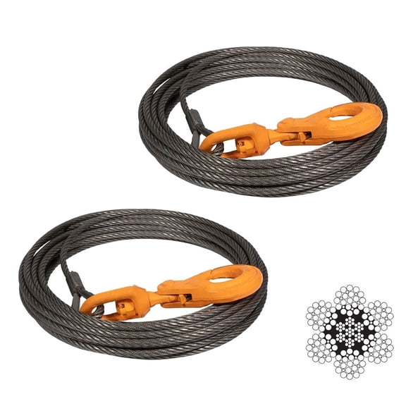 2 Pack Wire Rope Steel Core Winch Cable IWRC 9/16"x75' Self Locking Swivel Hook Towing Wrecker Roll Back, 32000 lbs Breaking Strength